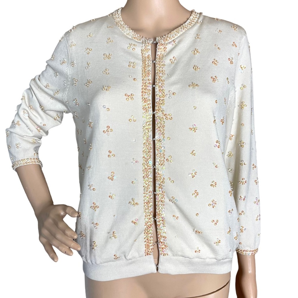 LINEA DOMANI M silk blend cardigan sweater beaded sequins embellished holiday